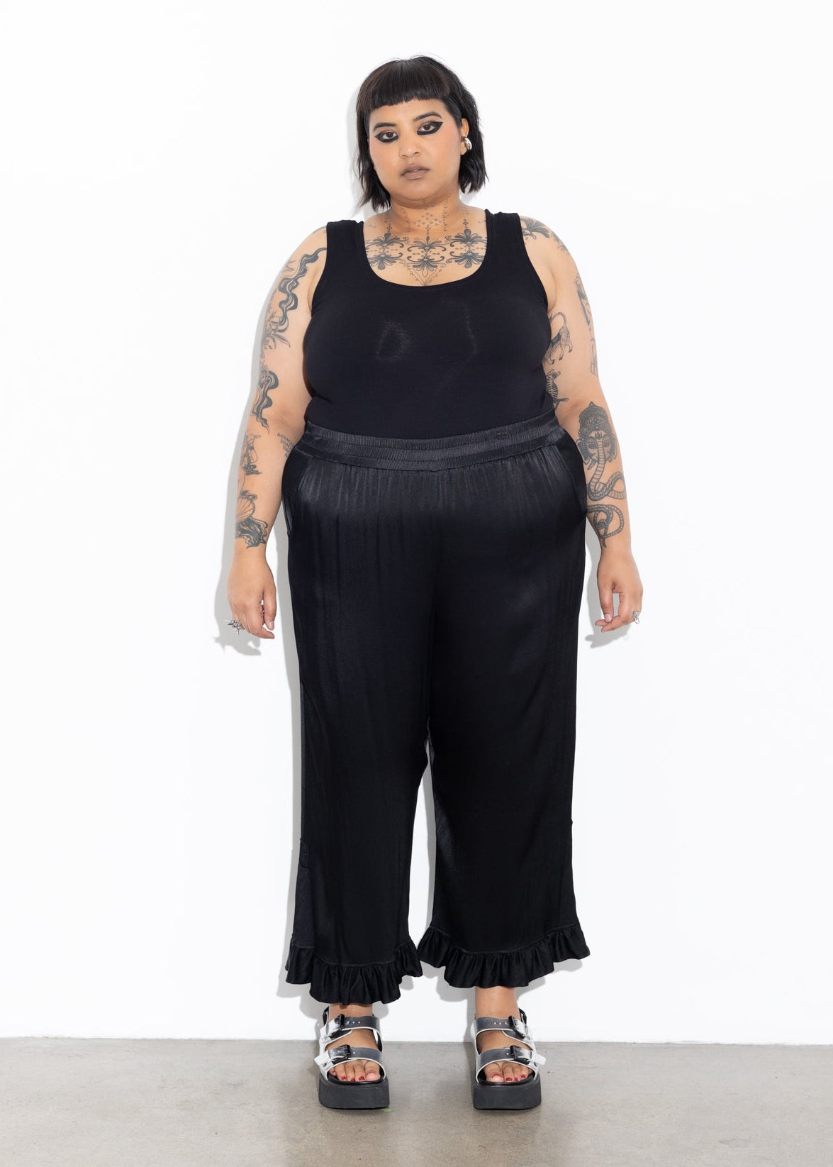 Frill Pant - Black Satin