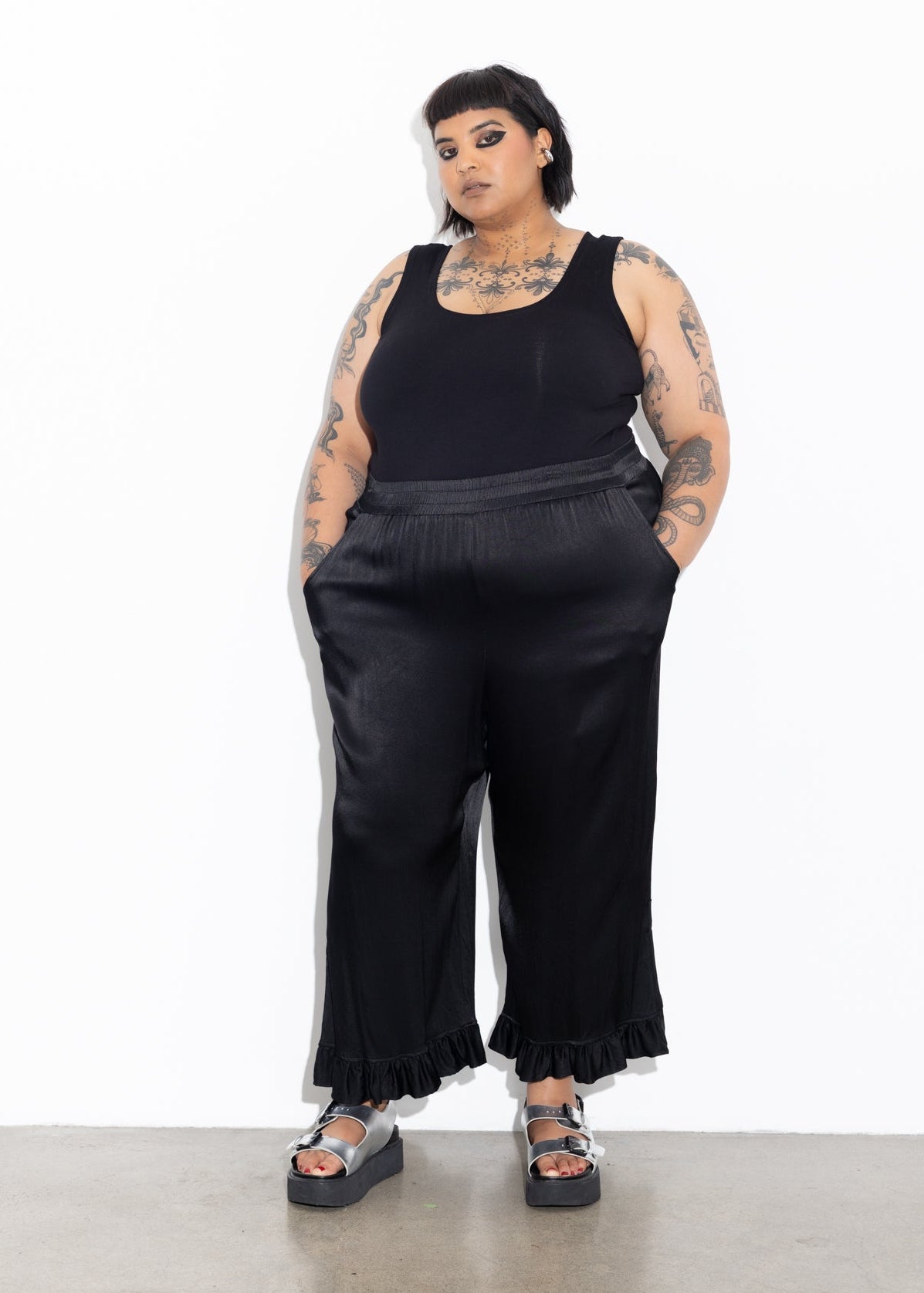 Frill Pant - Black Satin