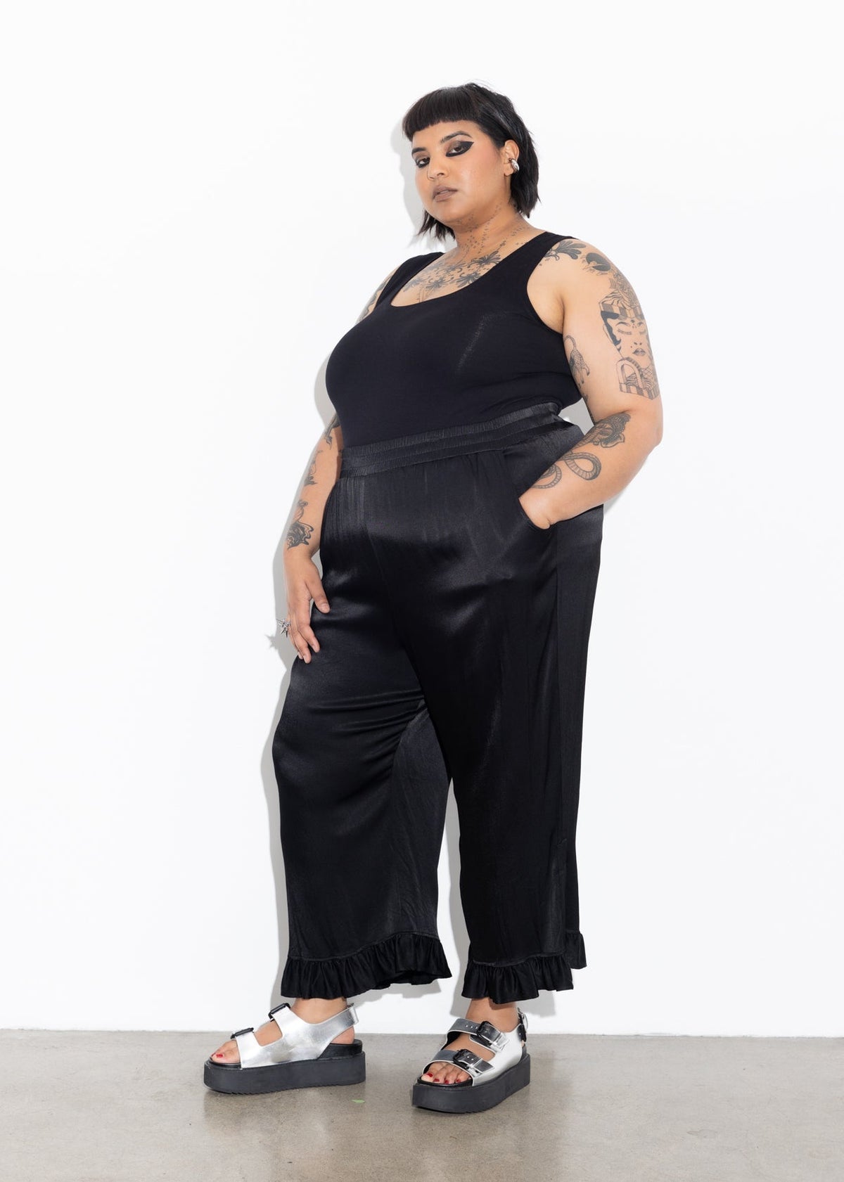 Frill Pant - Black Satin