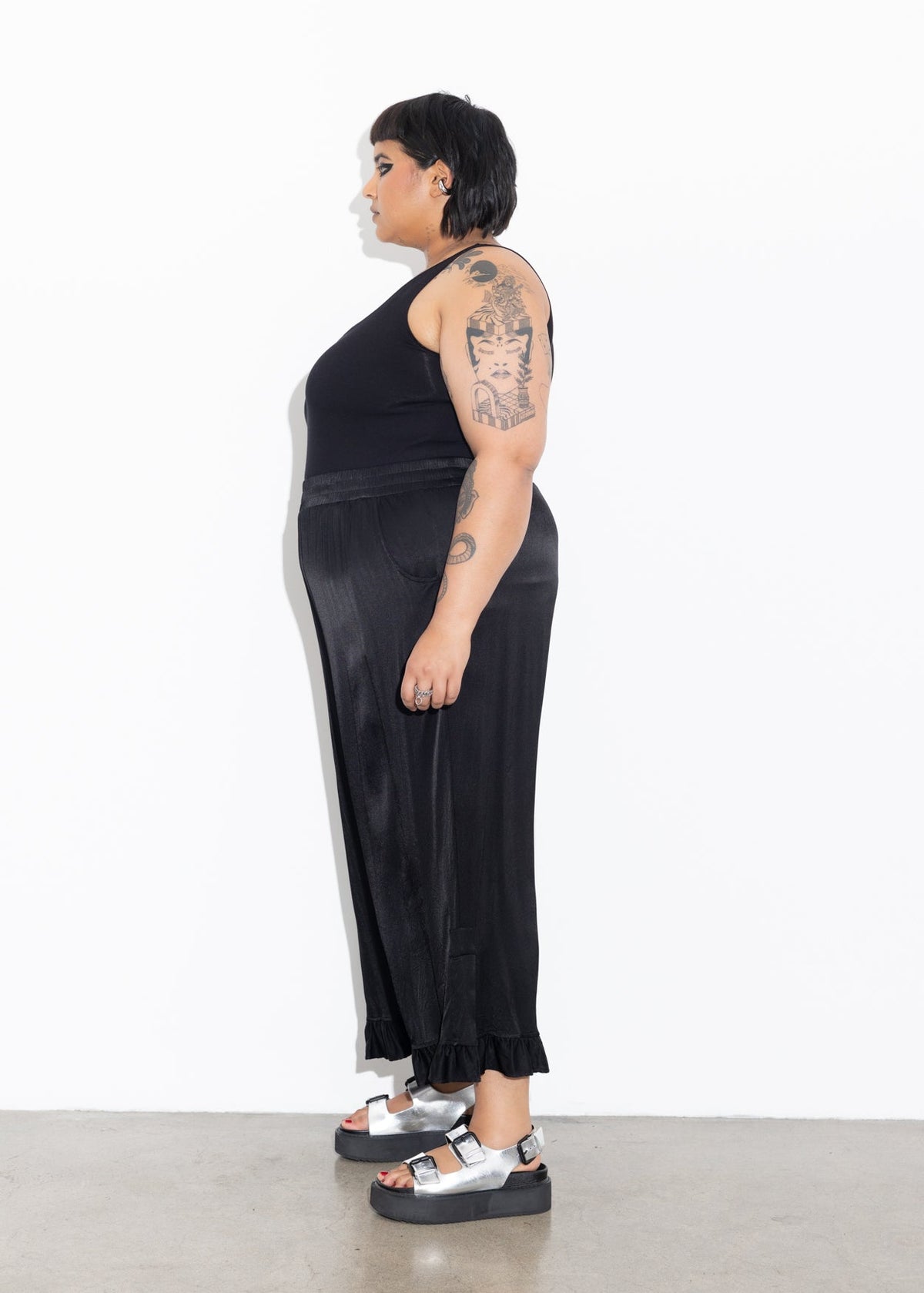 Frill Pant - Black Satin