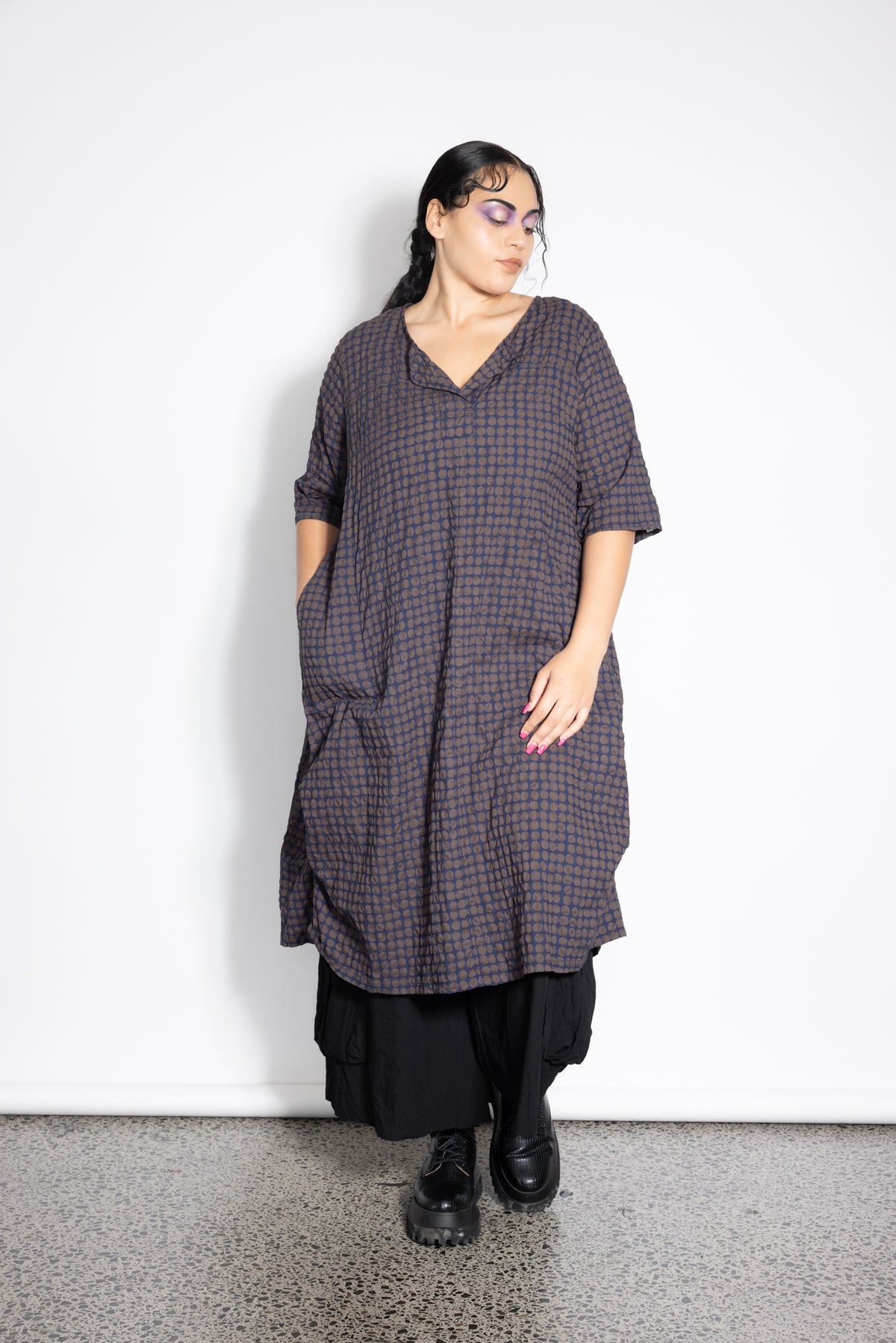 Last Ones Size L - Delaney Dress - Navy Choc Dotti